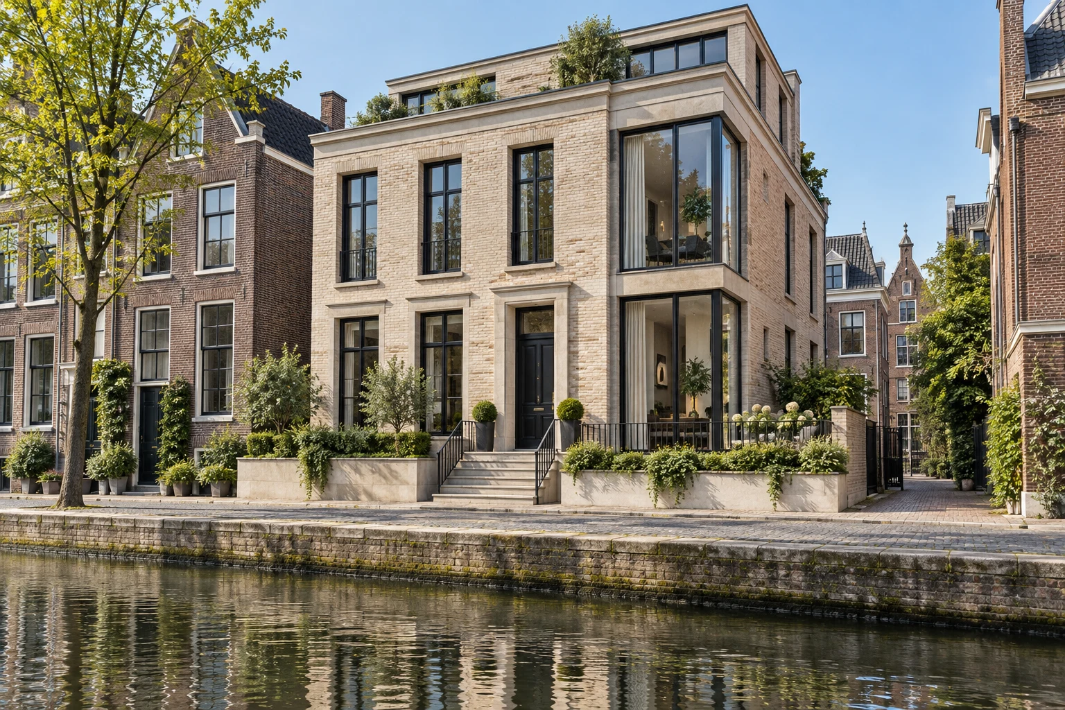 Pale brick townhouse with tall black-framed windows beside a quiet city canal