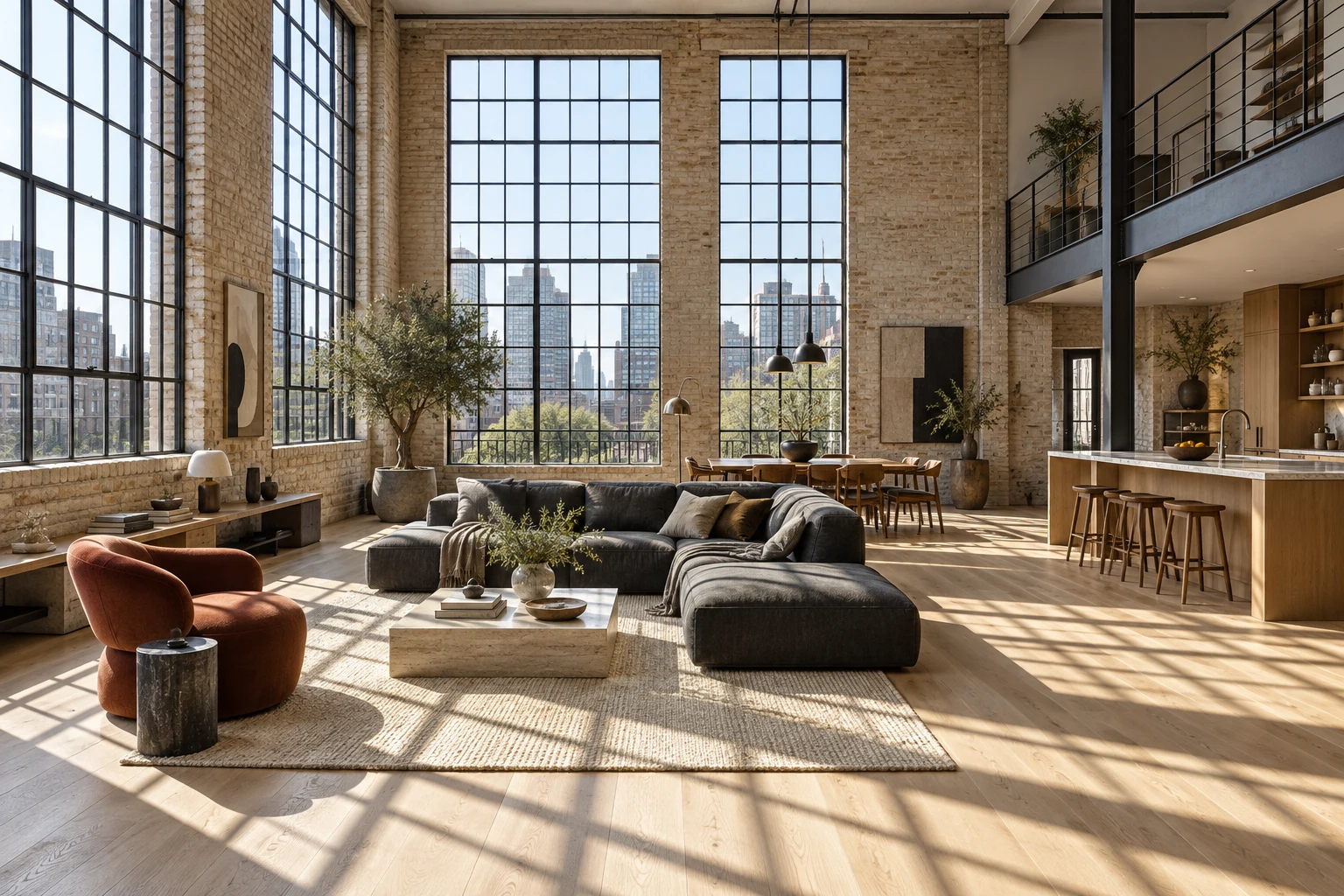 Sunlit double-height loft with factory windows, cream brick and a charcoal sofa