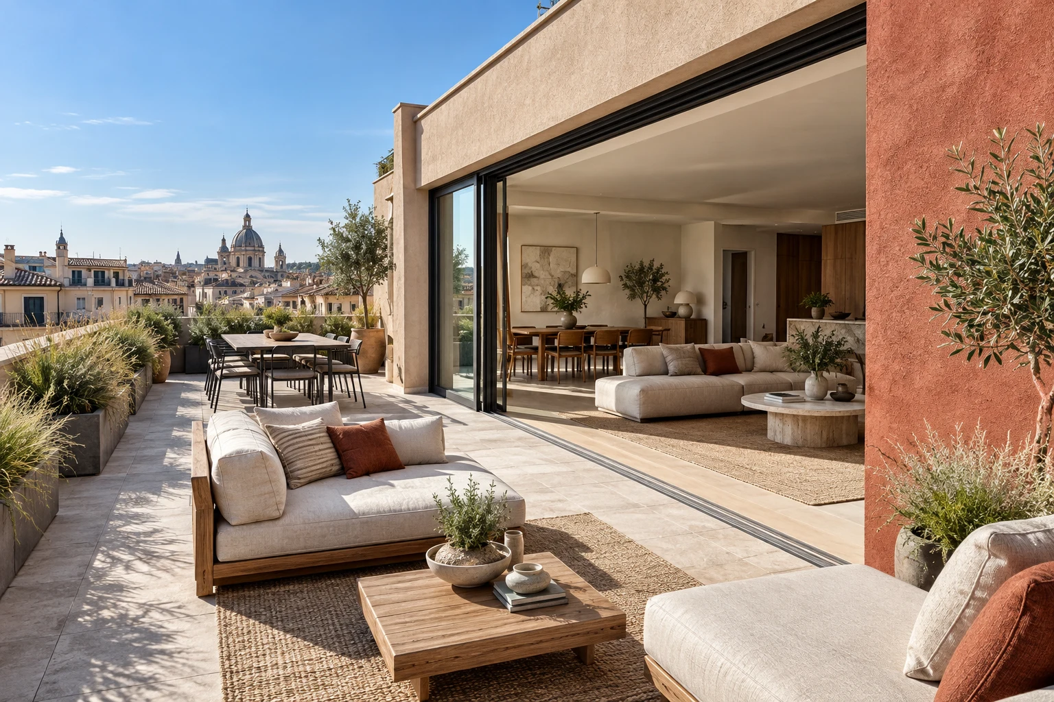 Planted rooftop terrace opening into a modern apartment with a terracotta wall