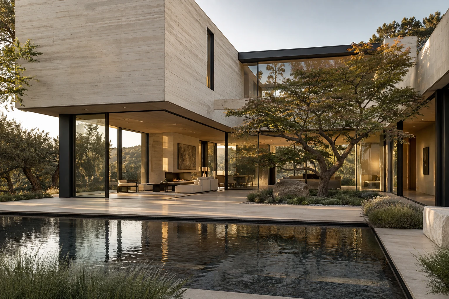 Contemporary concrete courtyard house with glass walls, a Japanese maple and a reflecting pool