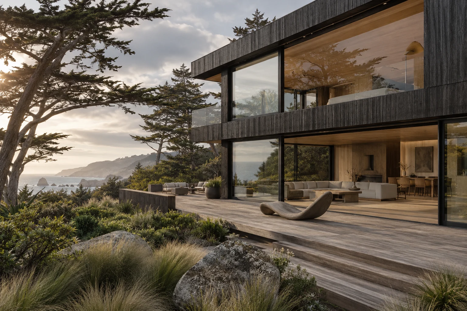 Dark cedar coastal home with glass walls, a timber terrace and windswept cypress trees