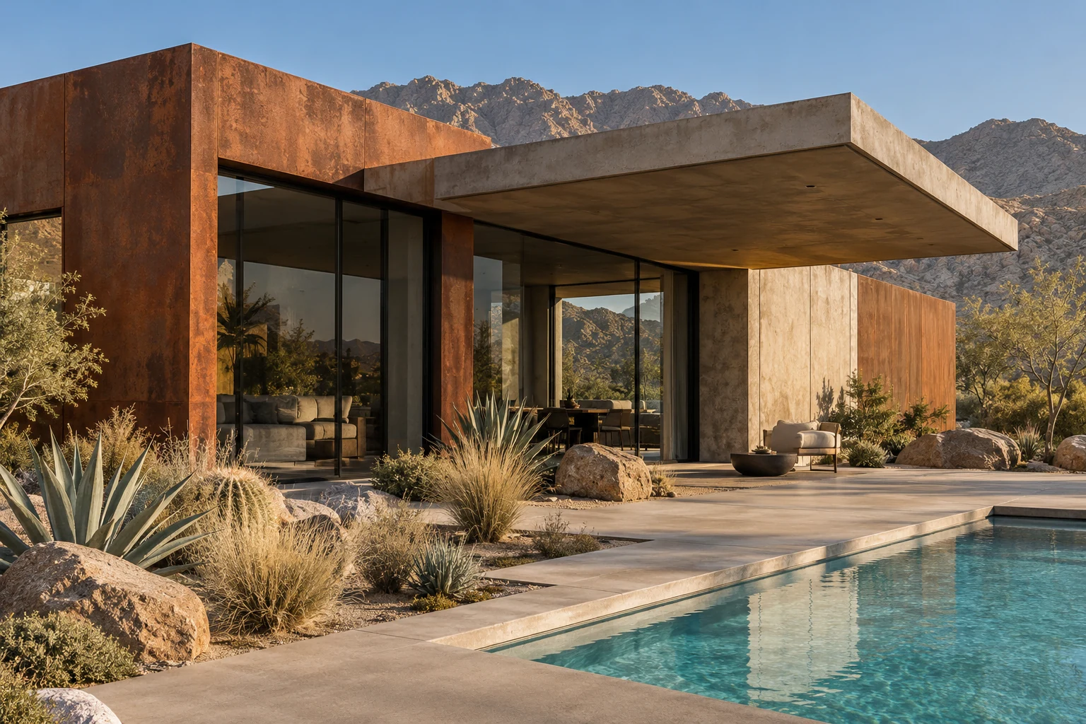 Low modern desert house with weathering steel, a shaded terrace and mountain views