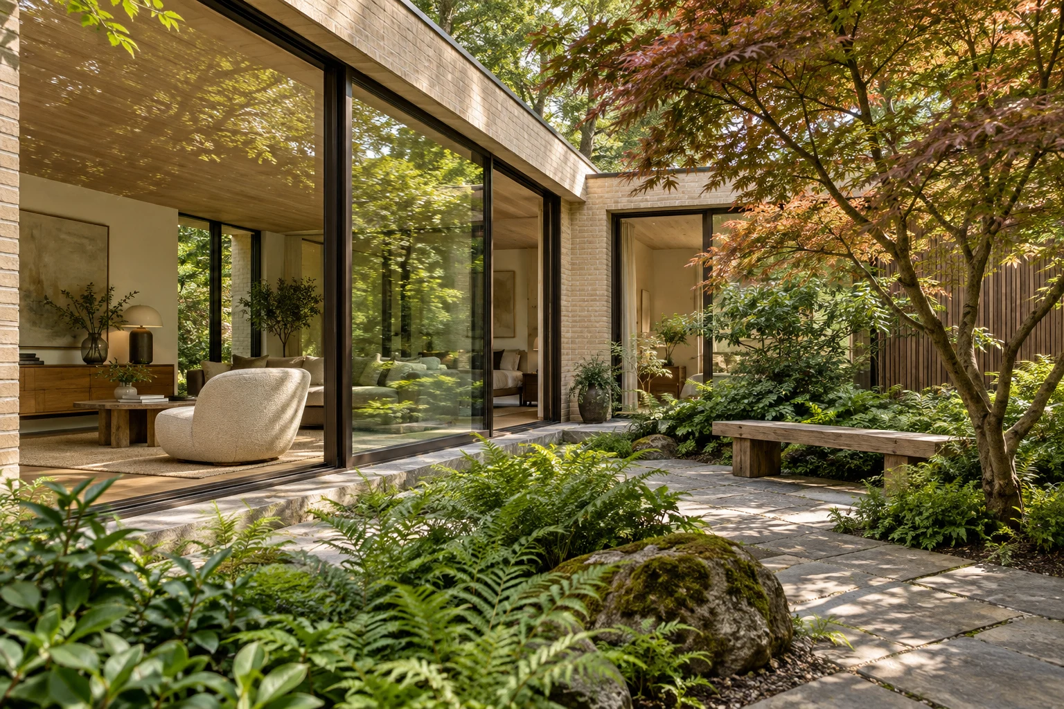 Warm brick courtyard home framed by ferns and a Japanese maple