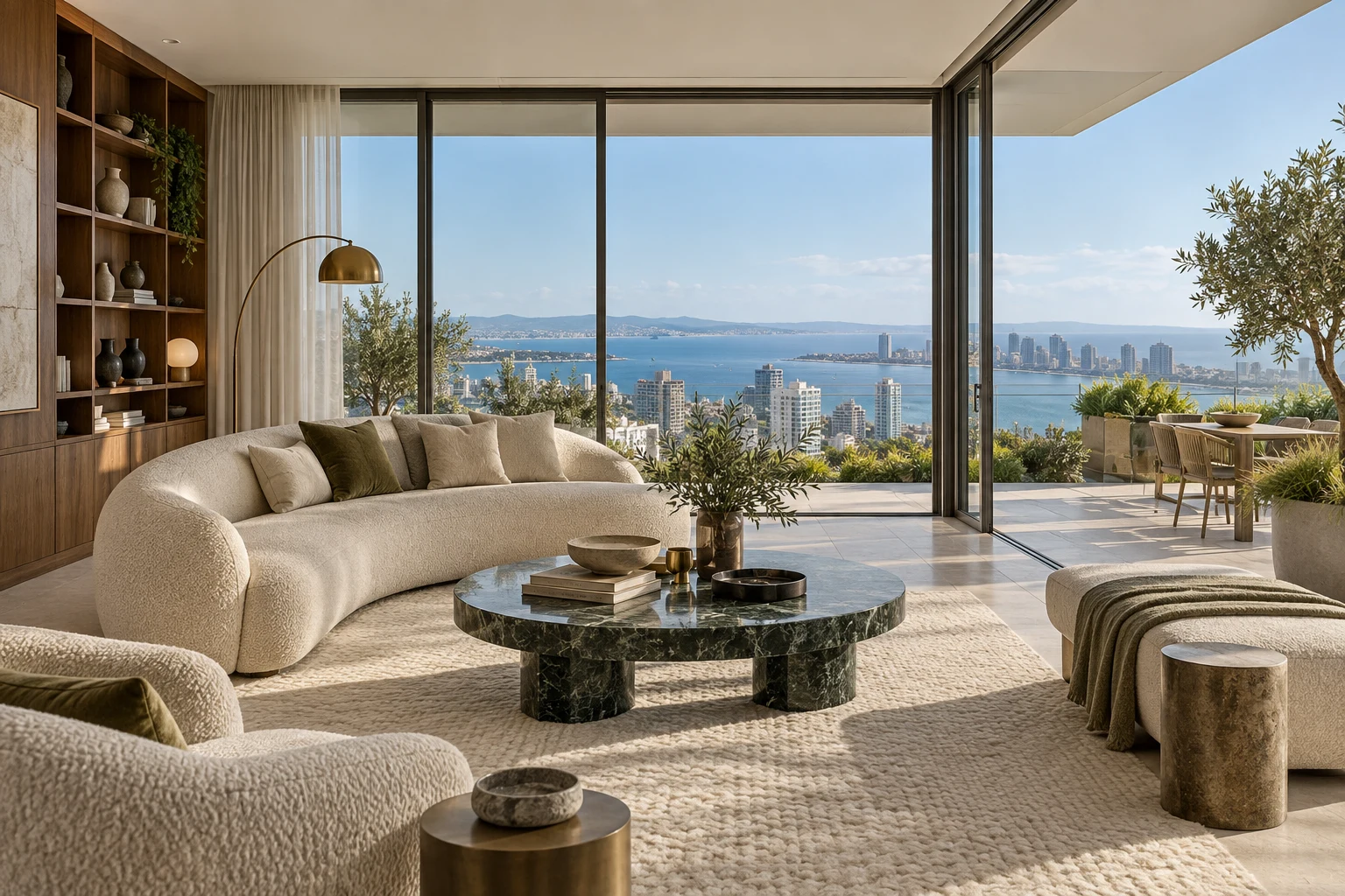 Cream penthouse living room with a curved sofa and expansive city views