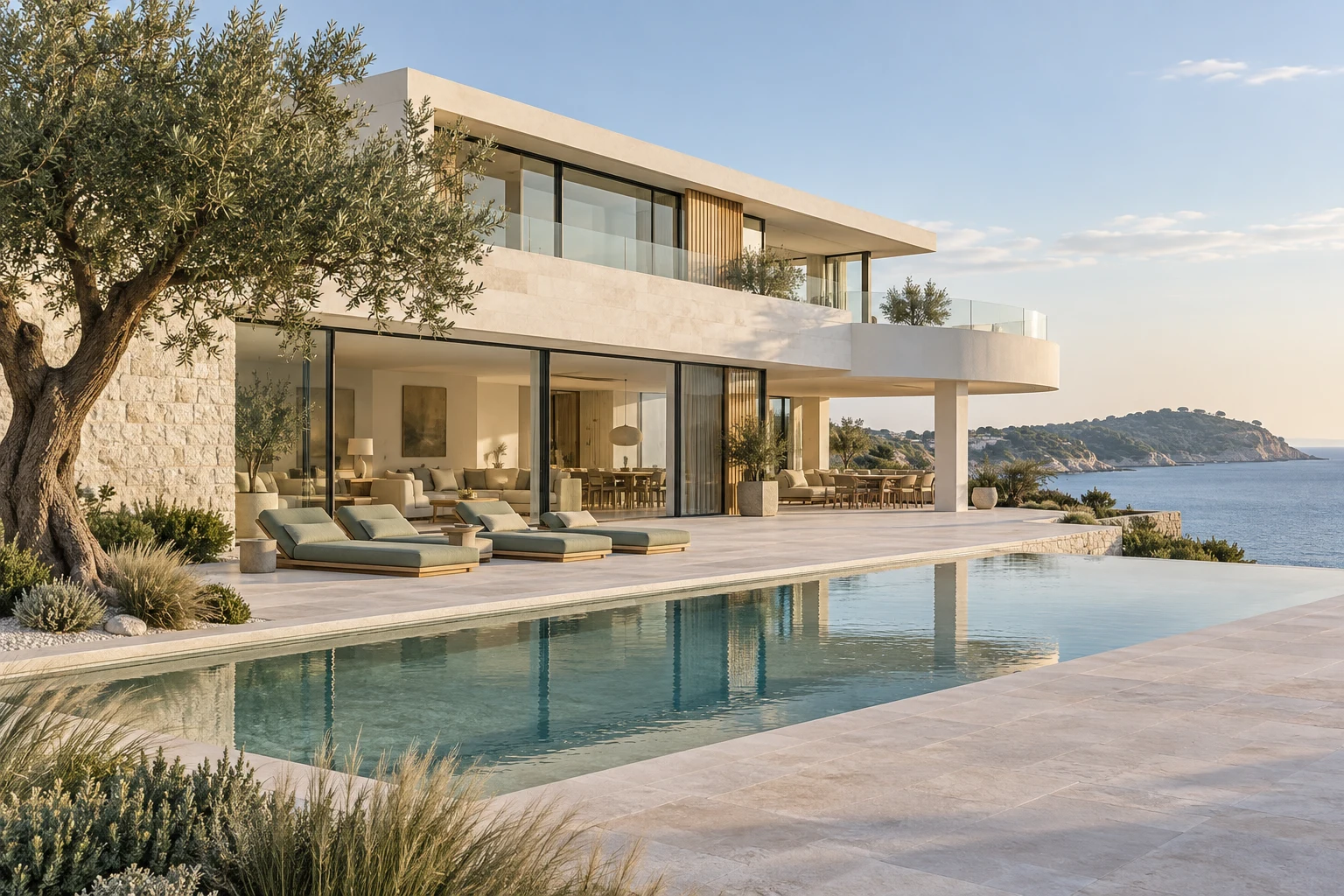 White limestone villa with a reflecting pool and a view across a calm bay