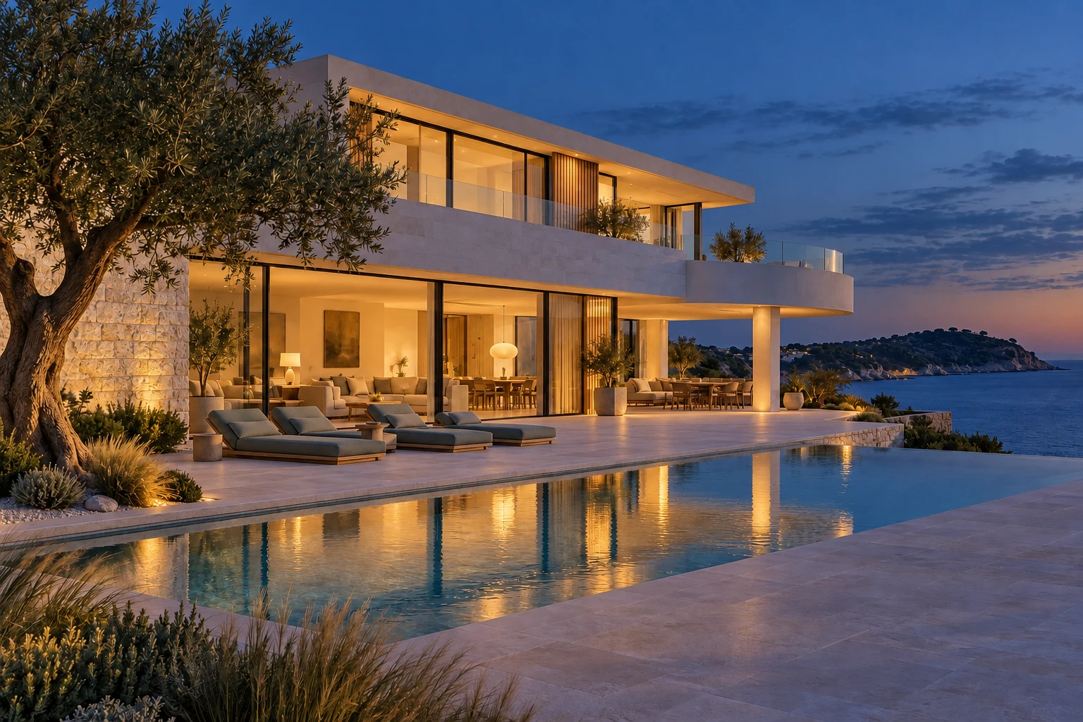 The same fictional villa at blue hour with warm interior lights