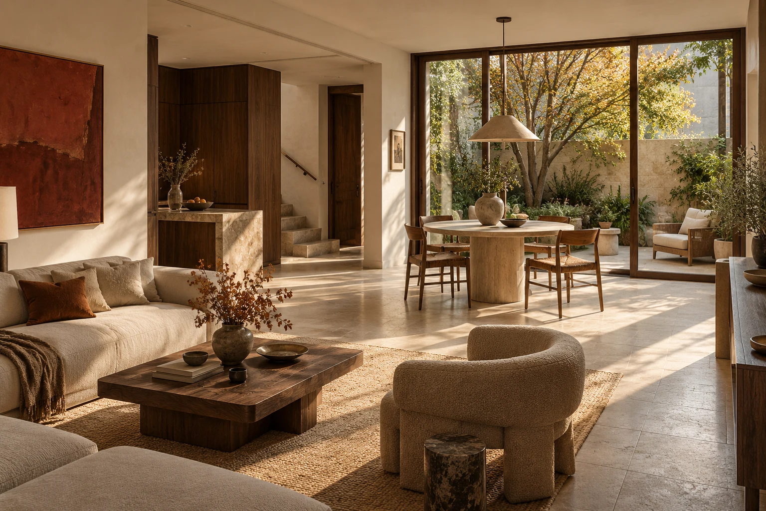 Warm townhouse living room with linen seating, oak dining table and a green terrace