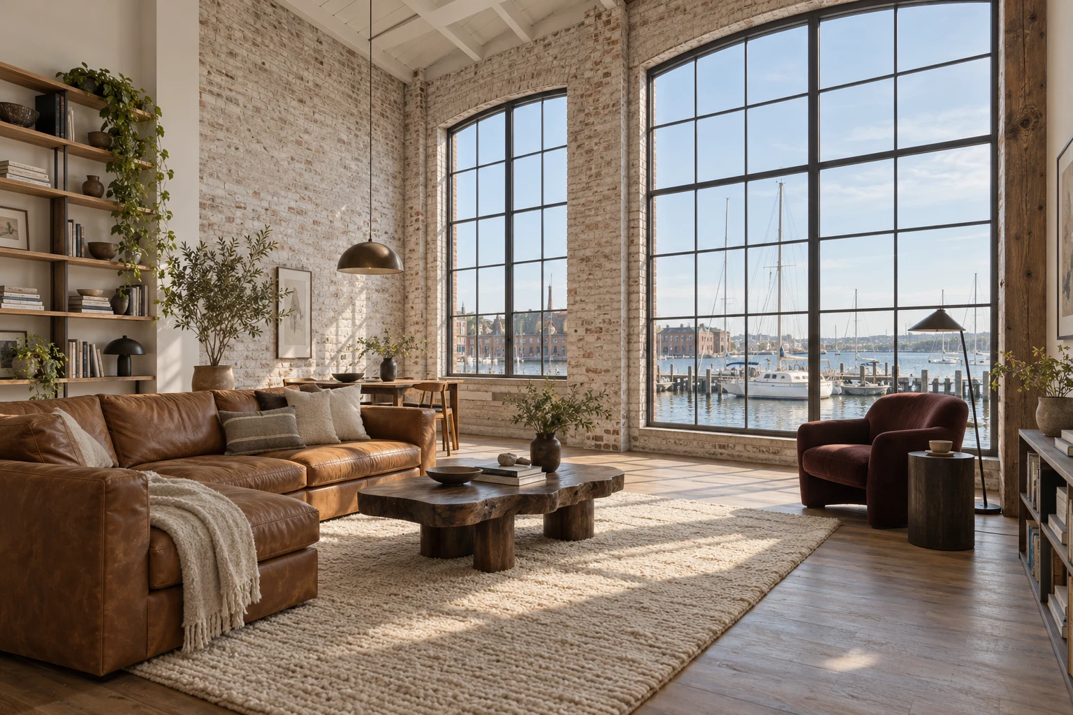 Bright warehouse apartment with tall timber ceilings and windows overlooking a quiet harbor