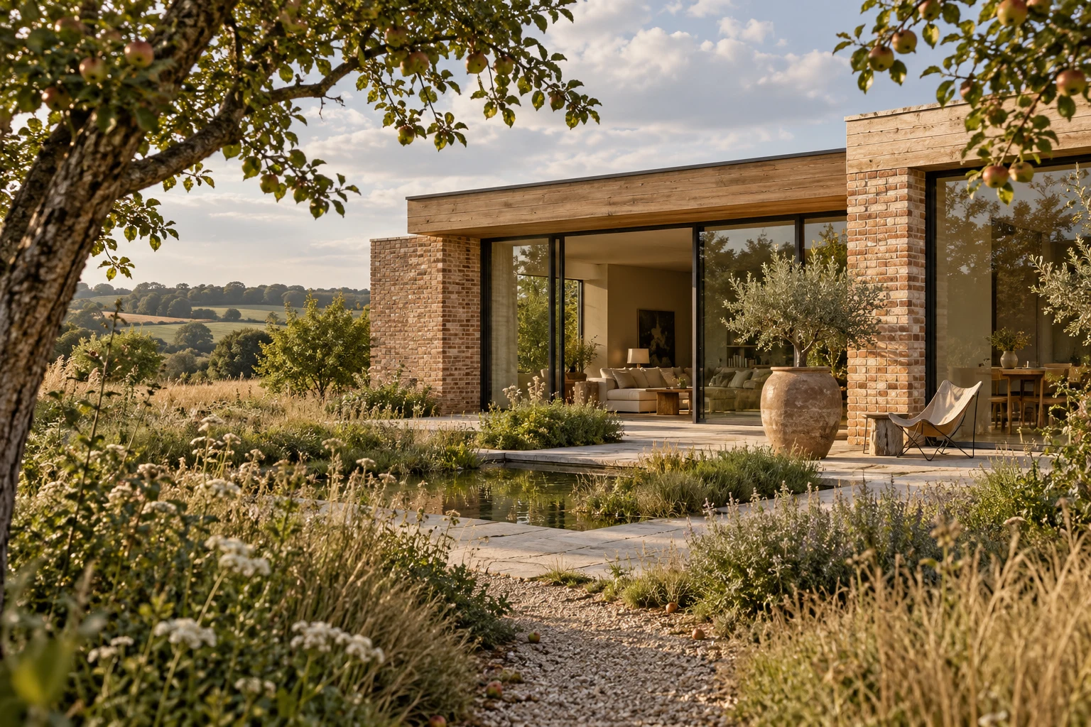 Low brick and timber country home framed by an orchard and a planted courtyard