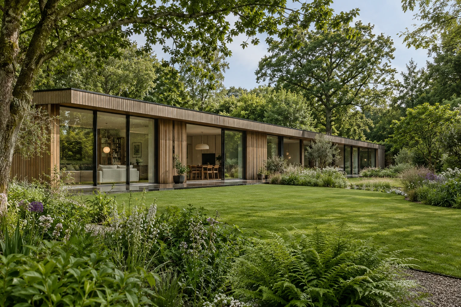 A low contemporary garden house with expansive glazing, fine structural frames and green planting around a paved terrace