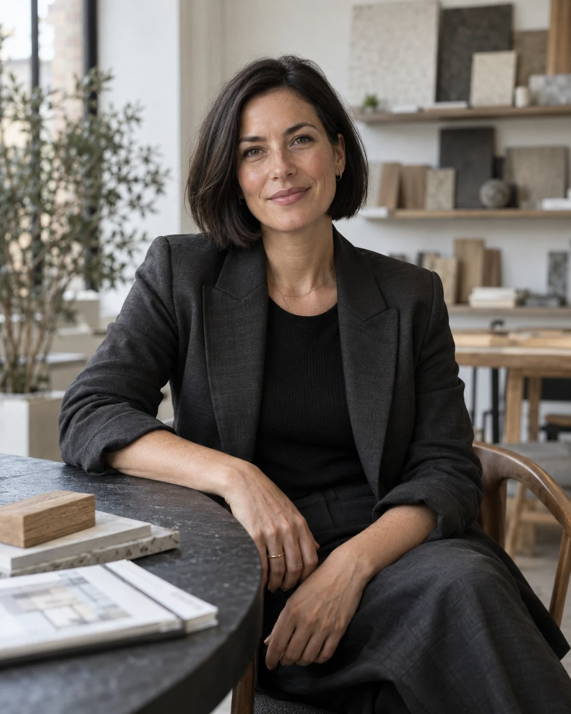 Mara Ellis, the fictional founder of Oriel, in a light architectural studio