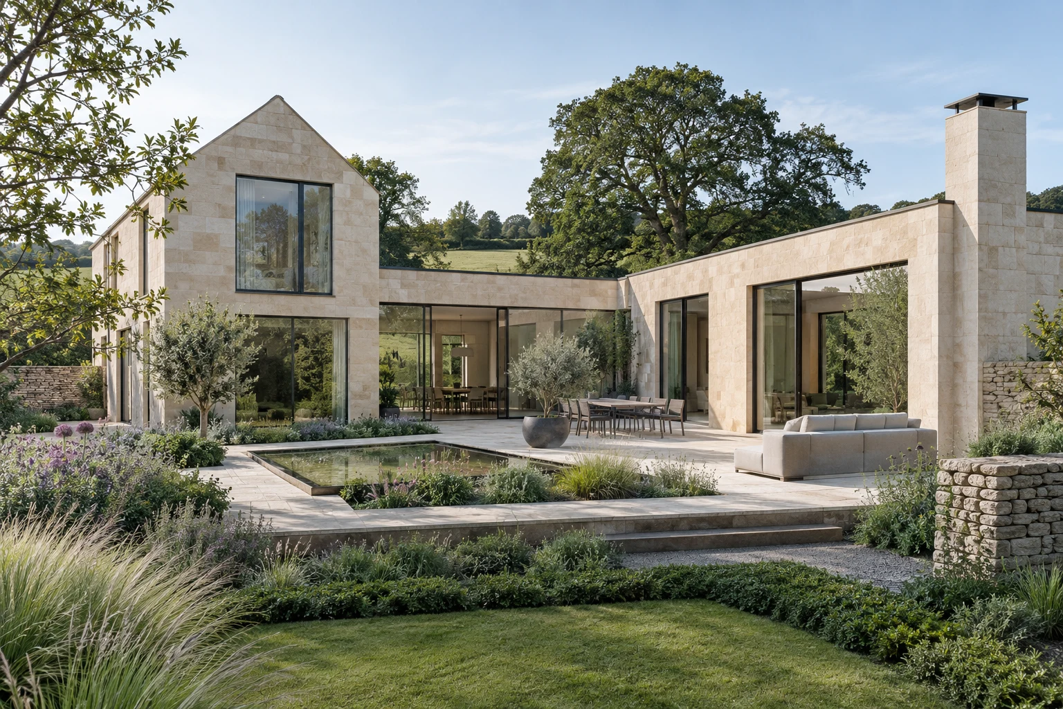 A contemporary limestone house arranged around a planted courtyard, with broad windows and a sheltered terrace