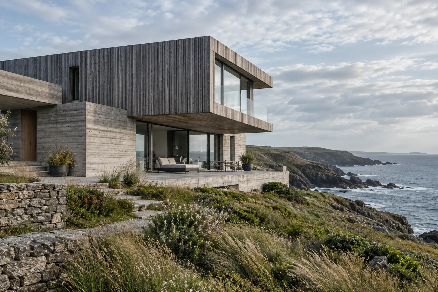 A sculptural contemporary coastal home above the sea, with pale mineral walls, broad glazing and a terrace facing the horizon