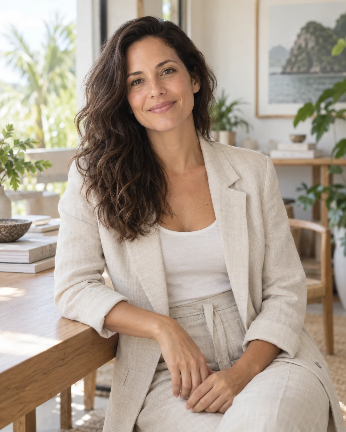 Elena Cruz, the fictional Pavilion founder, in a bright tropical architecture studio