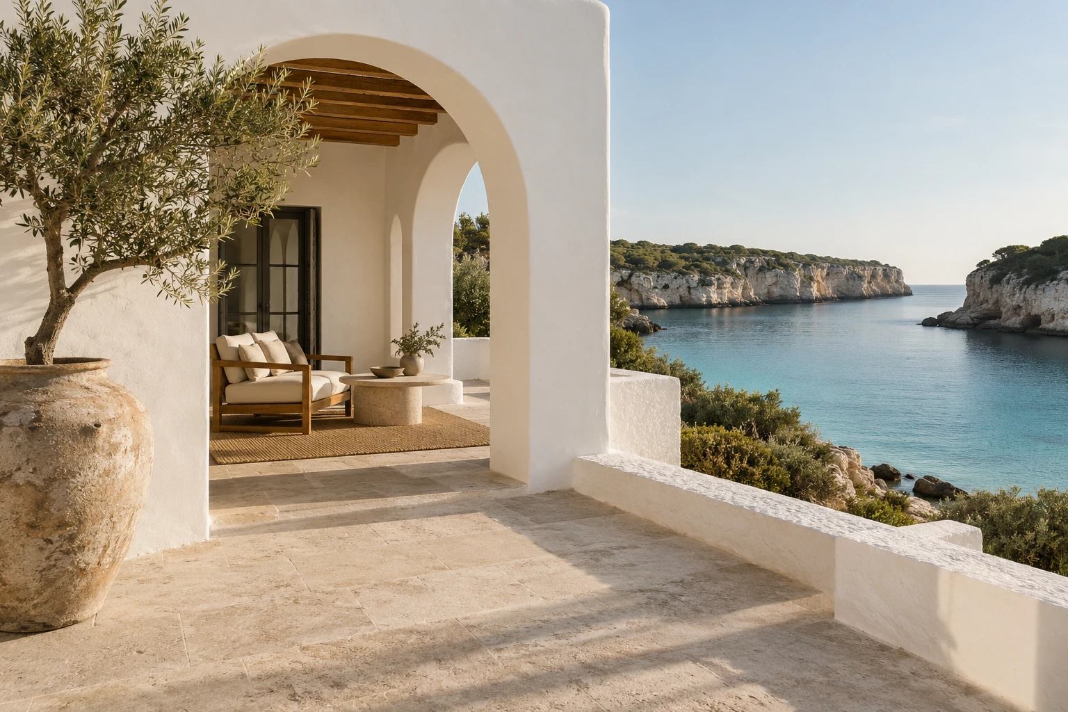 White Mediterranean home with an arched loggia and terrace overlooking a turquoise cove