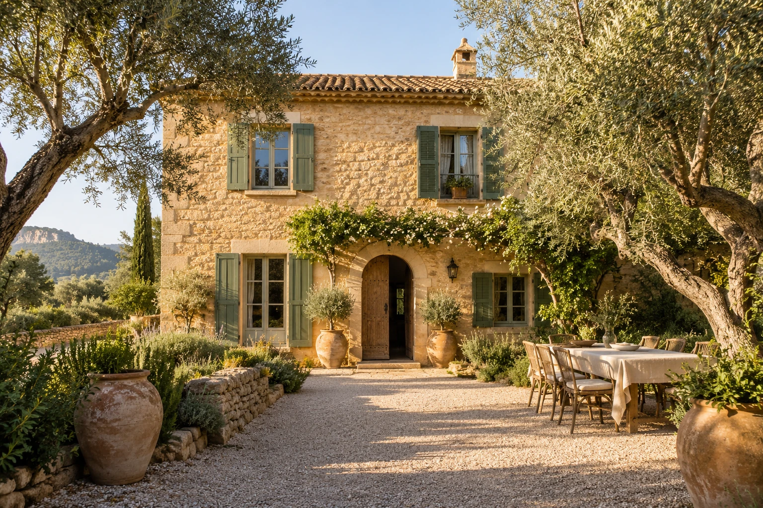 Honey-coloured stone finca with green shutters, terracotta pots and an olive garden
