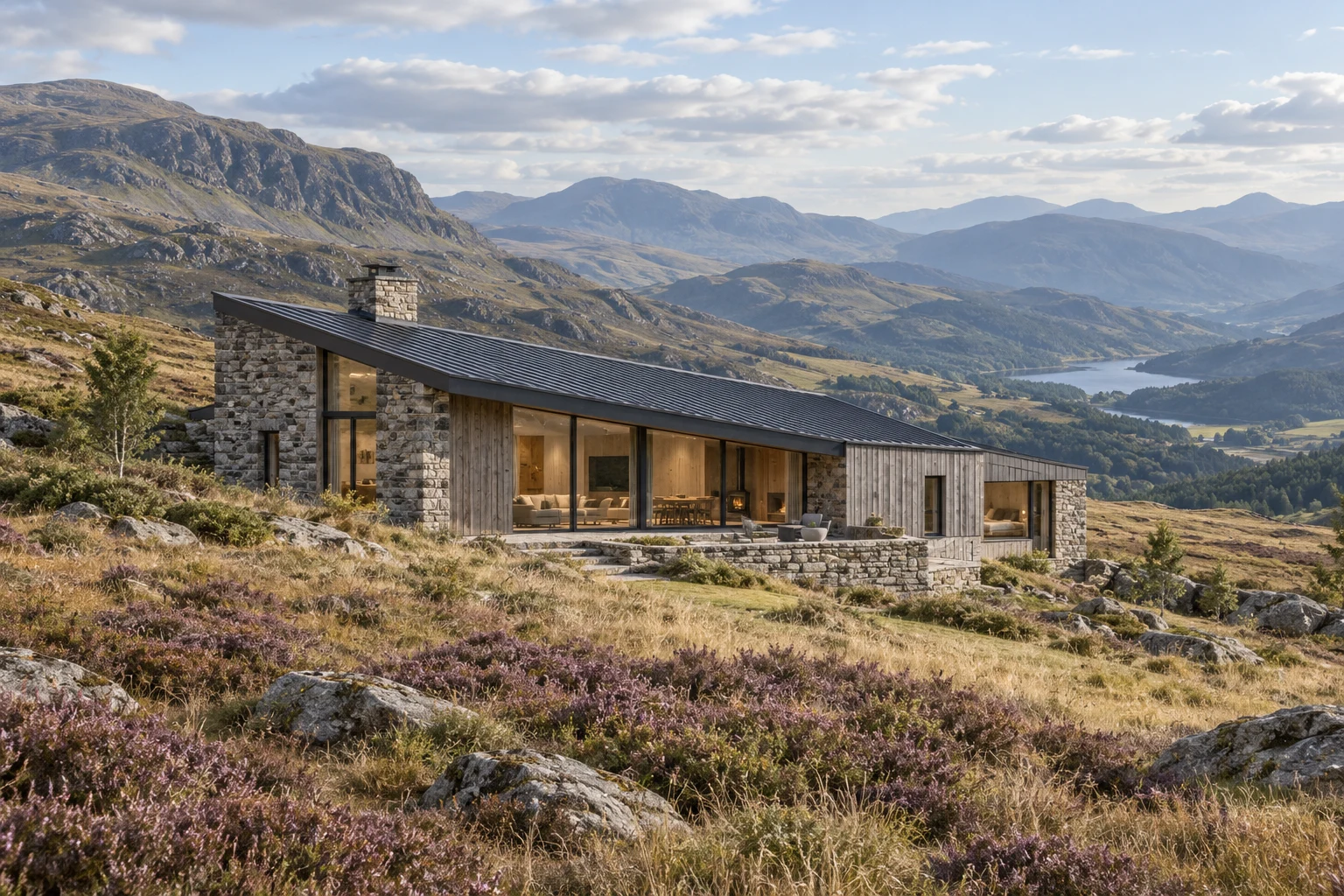 A contemporary stone and timber retreat surrounded by mountain grasses and a broad upland landscape