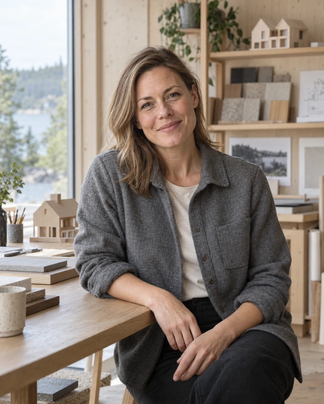Noa Lind, the fictional founder of Strata, in a timber-lined architecture studio