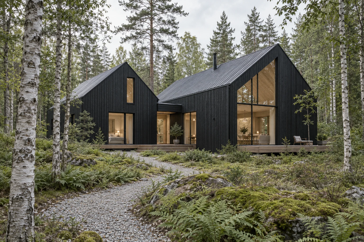 A contemporary dark timber home with broad glazing set among pine and birch trees