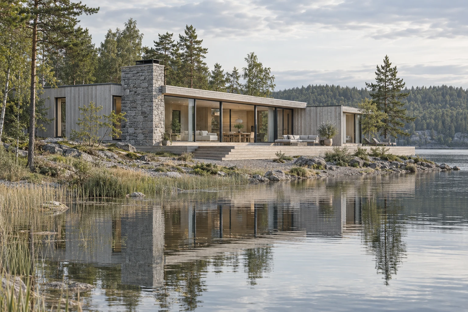 A pale timber and stone lakeside home with a generous terrace beside calm water