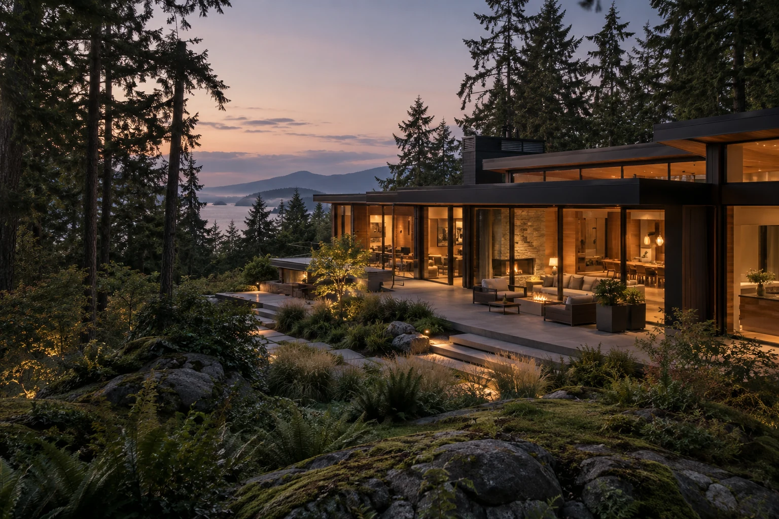A warm cedar and glass home among tall fir trees at dusk, overlooking distant water