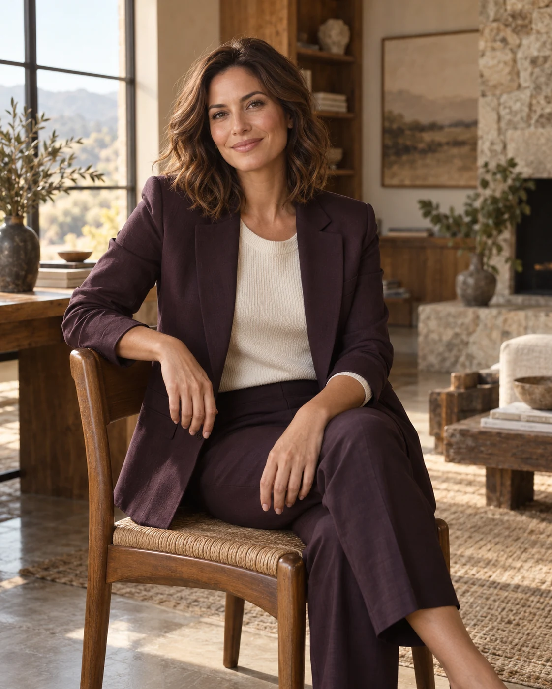 Fictional property advisor Jules Hart seated in a warm timber studio